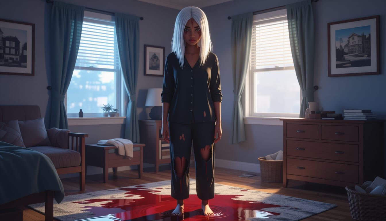 Distressed Woman in Pajamas, Haunted by Blood Stains