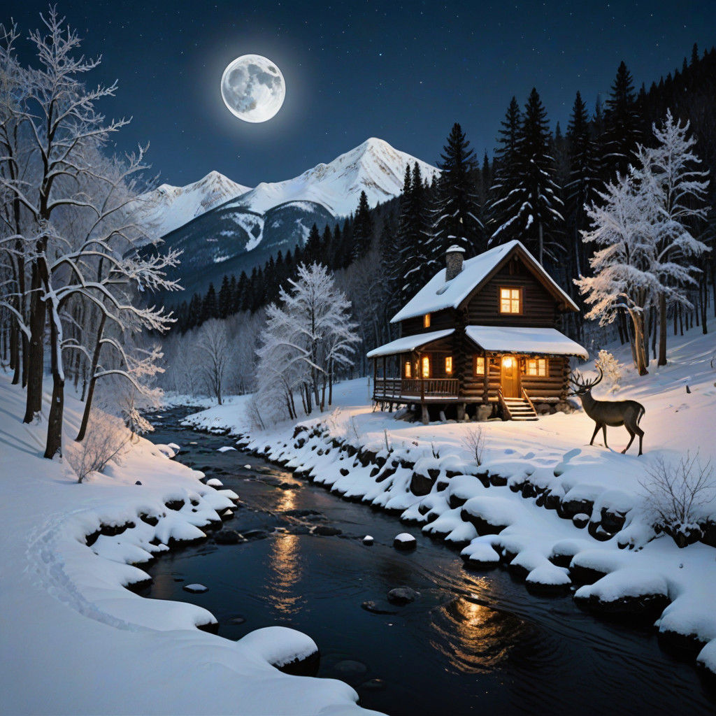 Serene Winter Wonderland Scene in Moonlit Night
