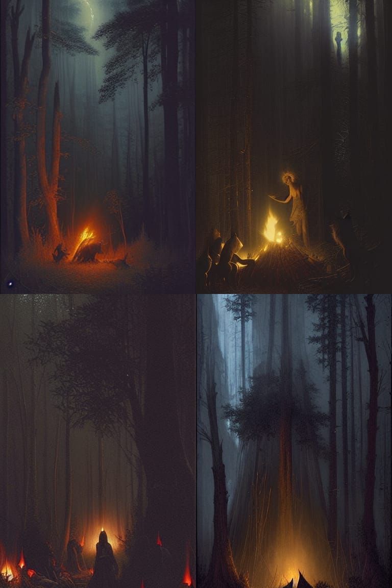 Eerie Black Wolf Campfire Scene in Dark Fantasy Style