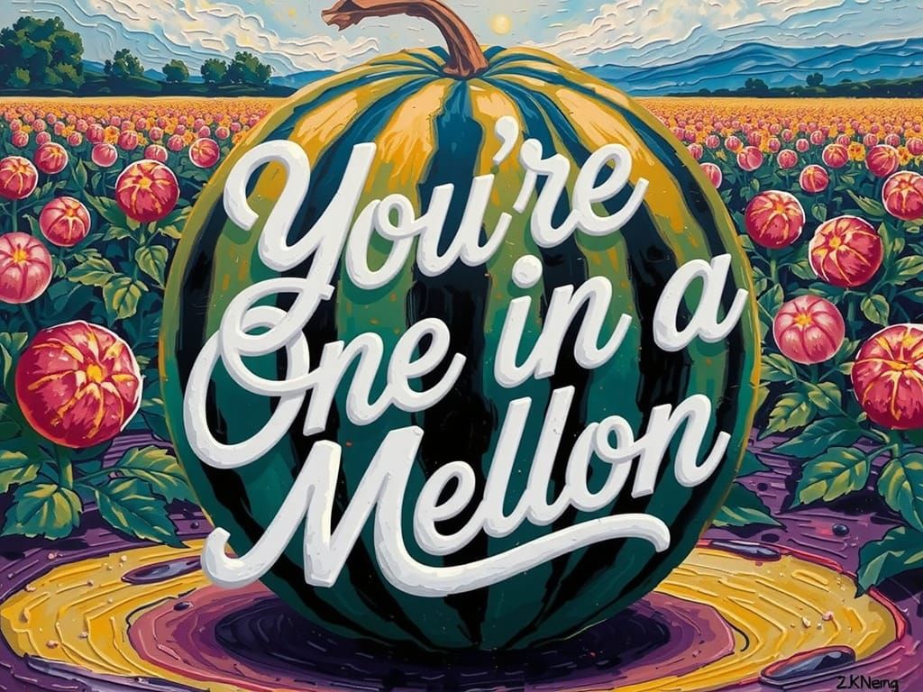 Impasto Painting of a Melon Field with Text
