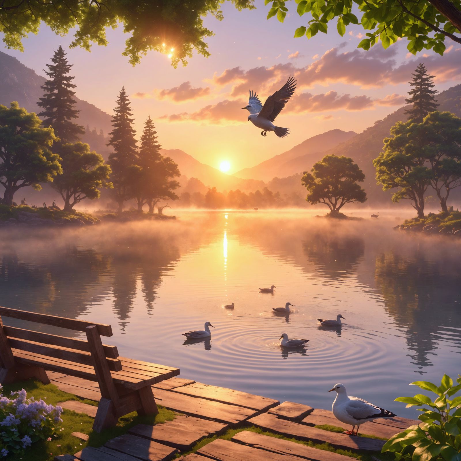 Tranquil Sunset Lake Scene with Dove