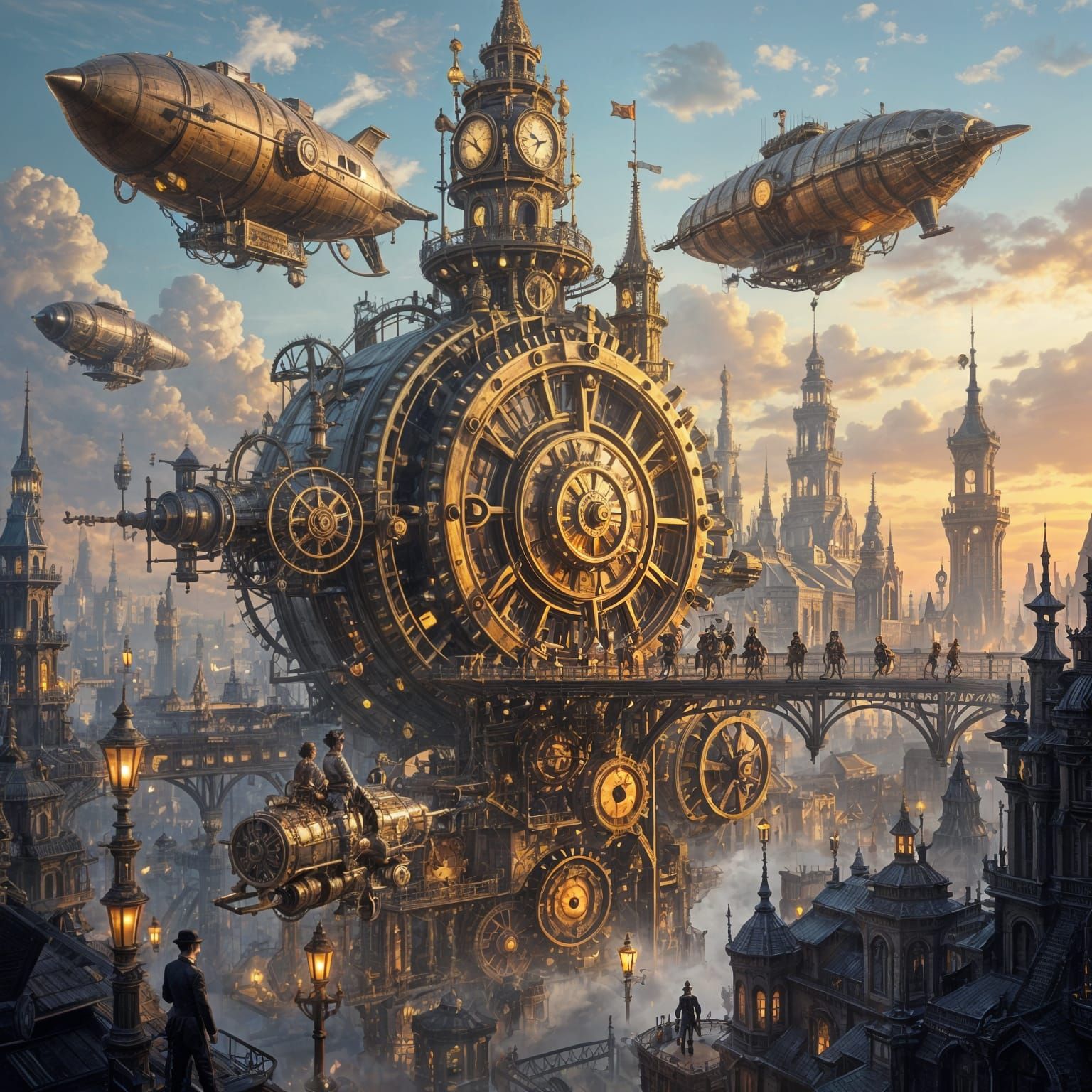 Steampunk City with Airships and Clockwork Towers