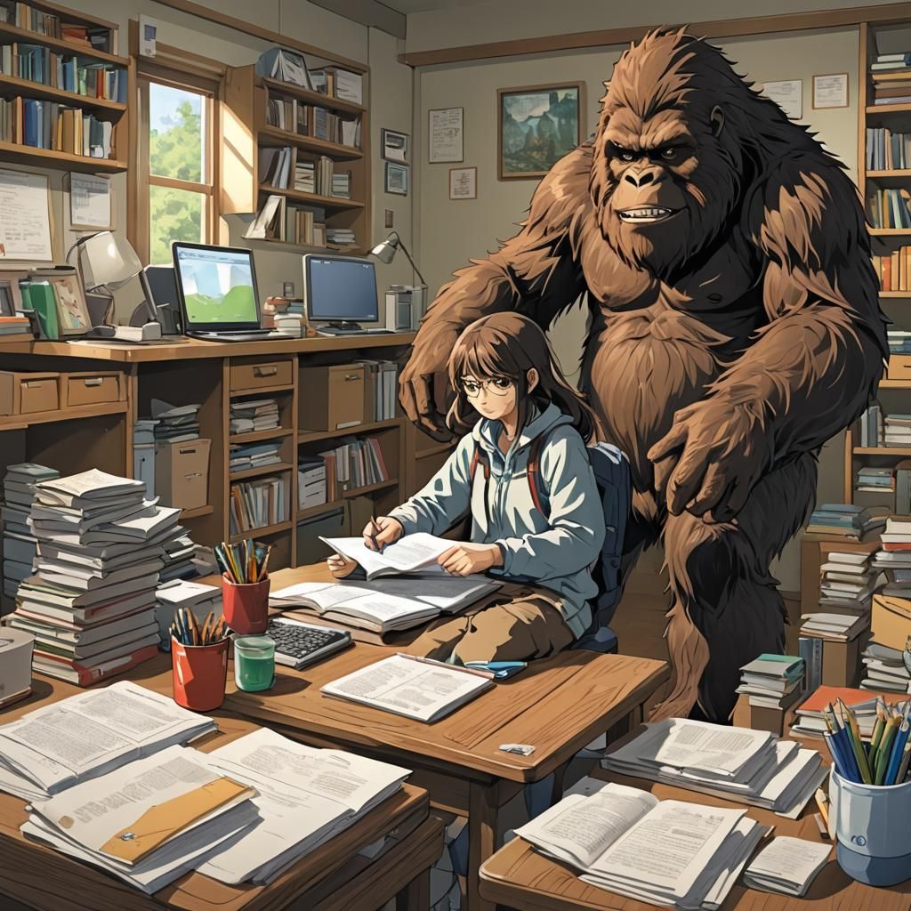 Sasquatch Surprises Student: Anime-Style Illustration
