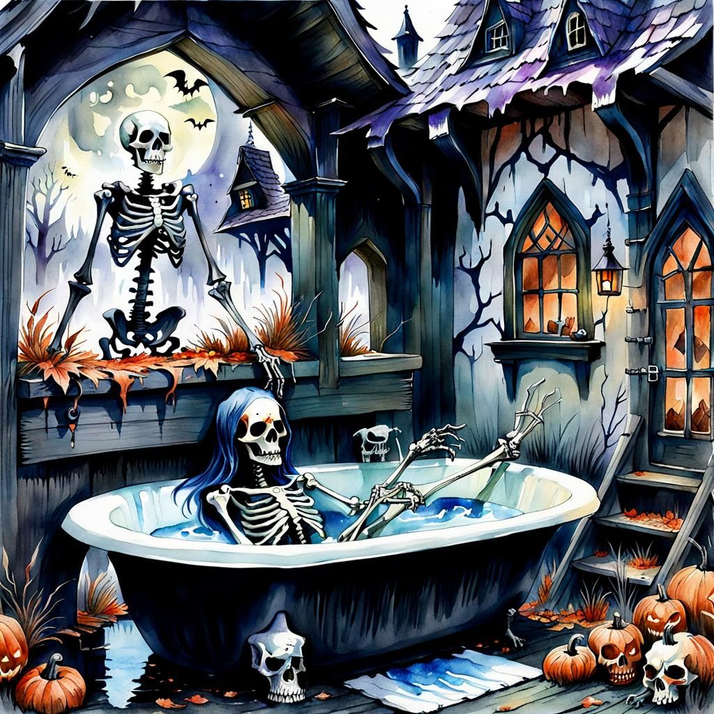 Skeleton Witch Bathtime: Sinister Watercolor Art