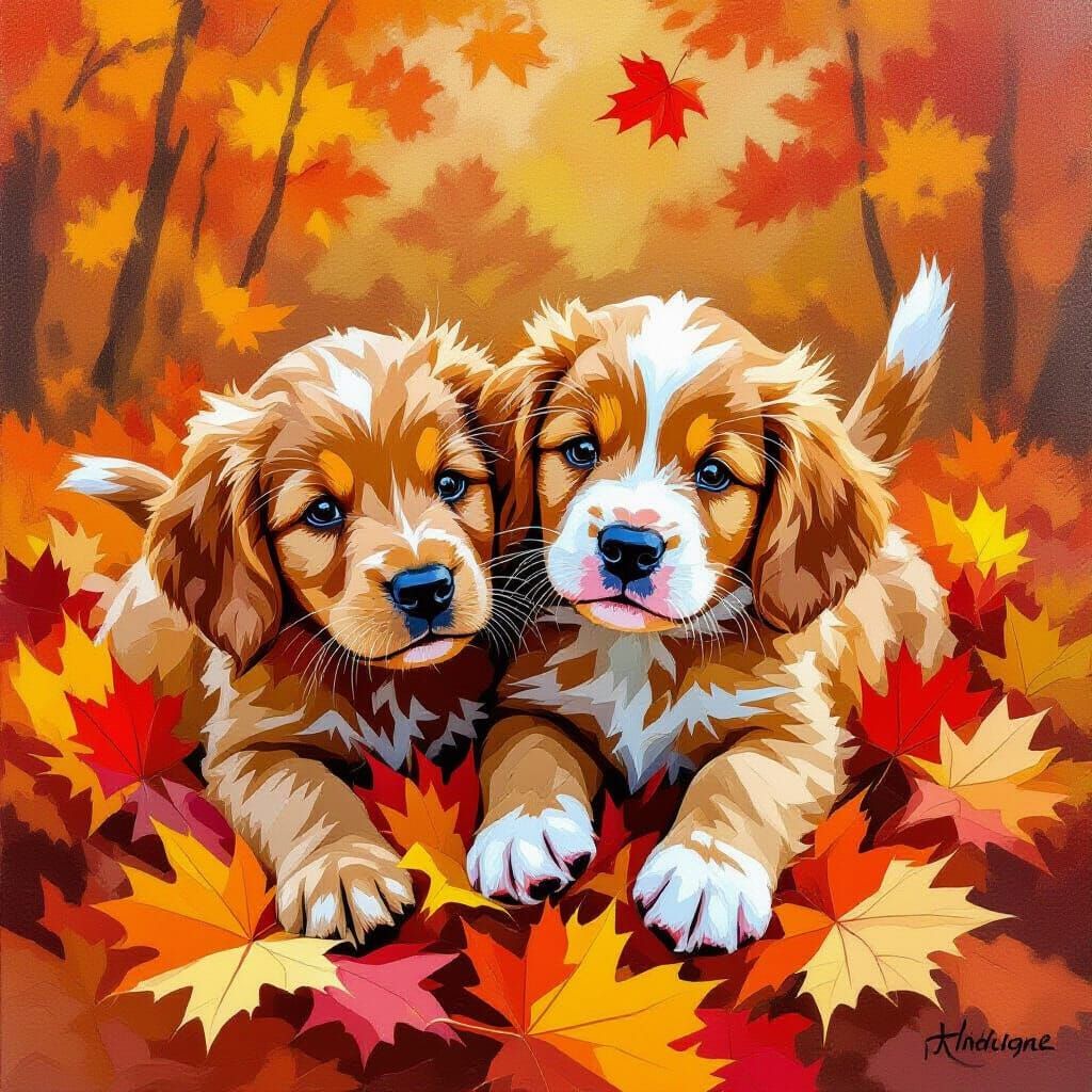 Irish Setter Puppies Play in Autumn Leaves