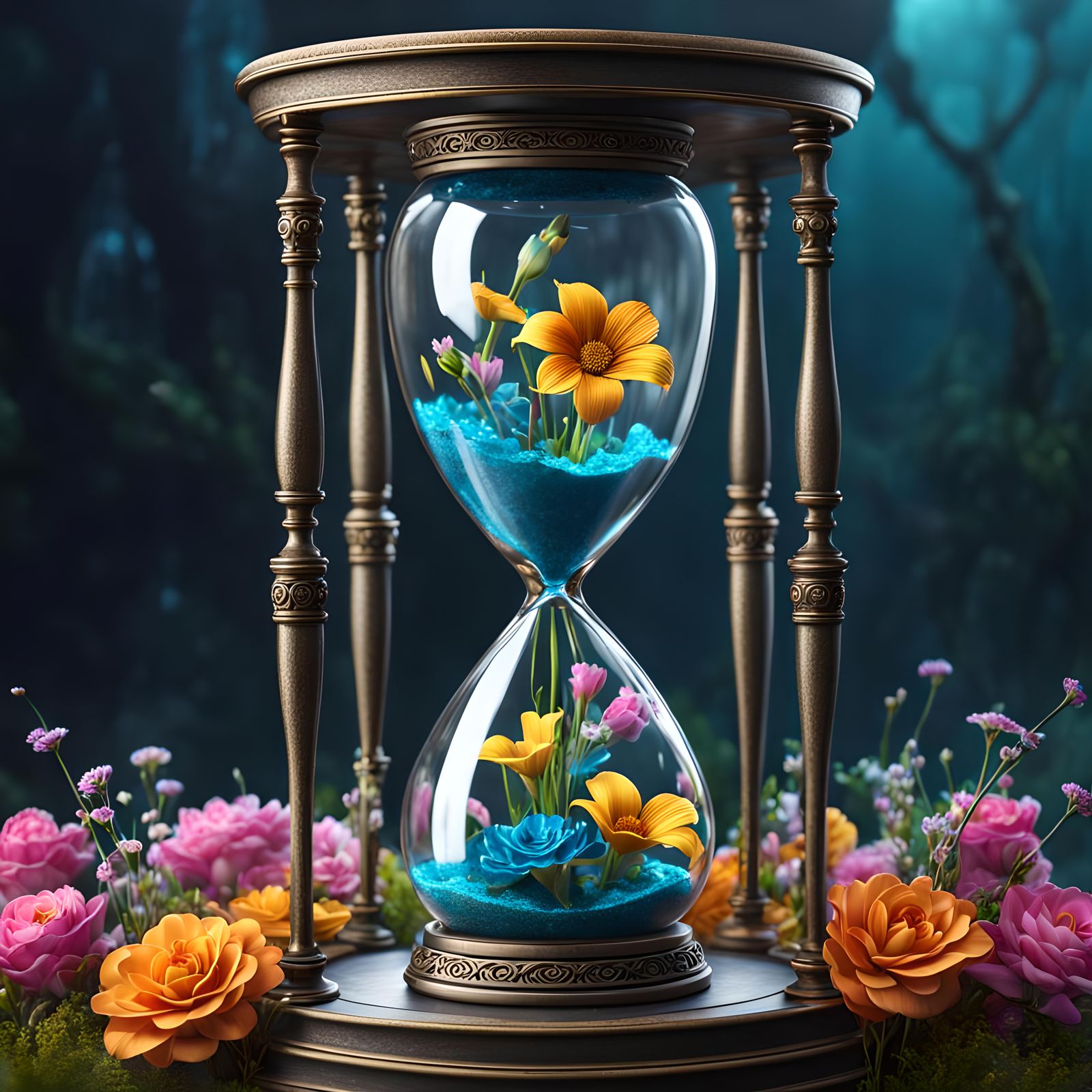 Hourglass with Flowers: Detailed Matte Painting