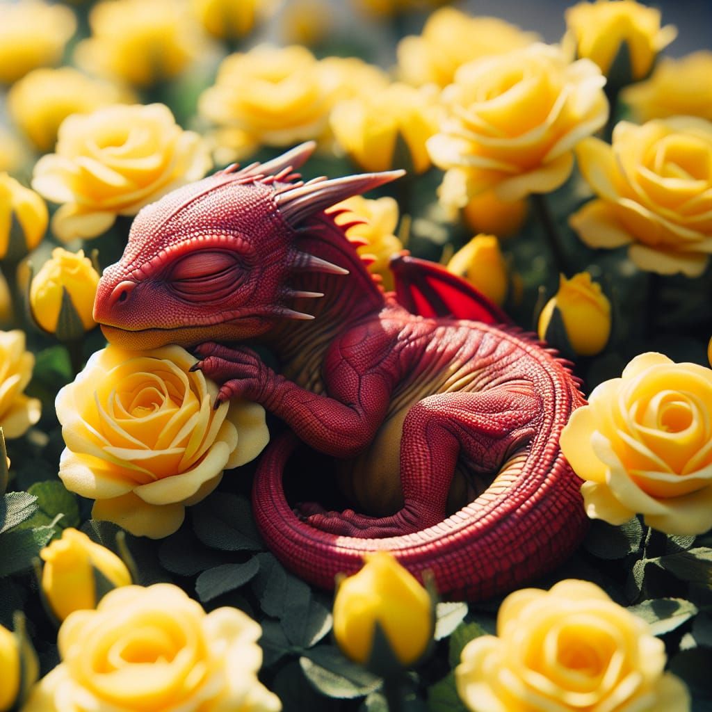 Baby Red Dragon Asleep on Roses