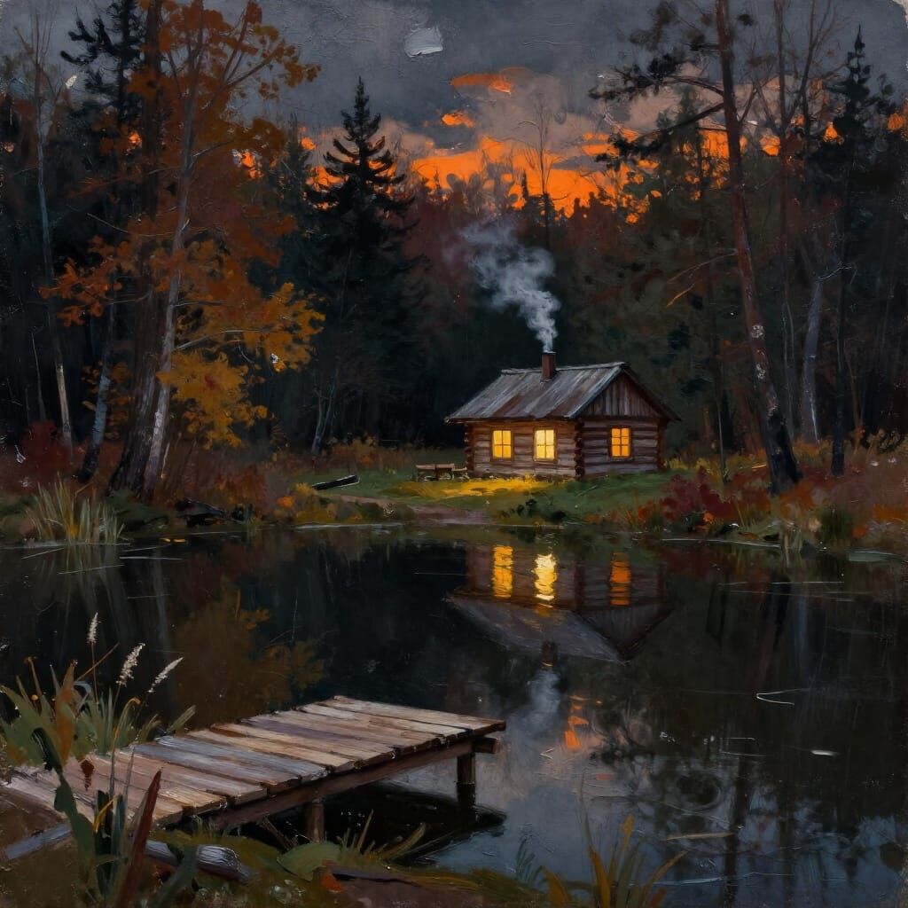 Autumn Forest Cabin by Dark Pond in Gouache Style