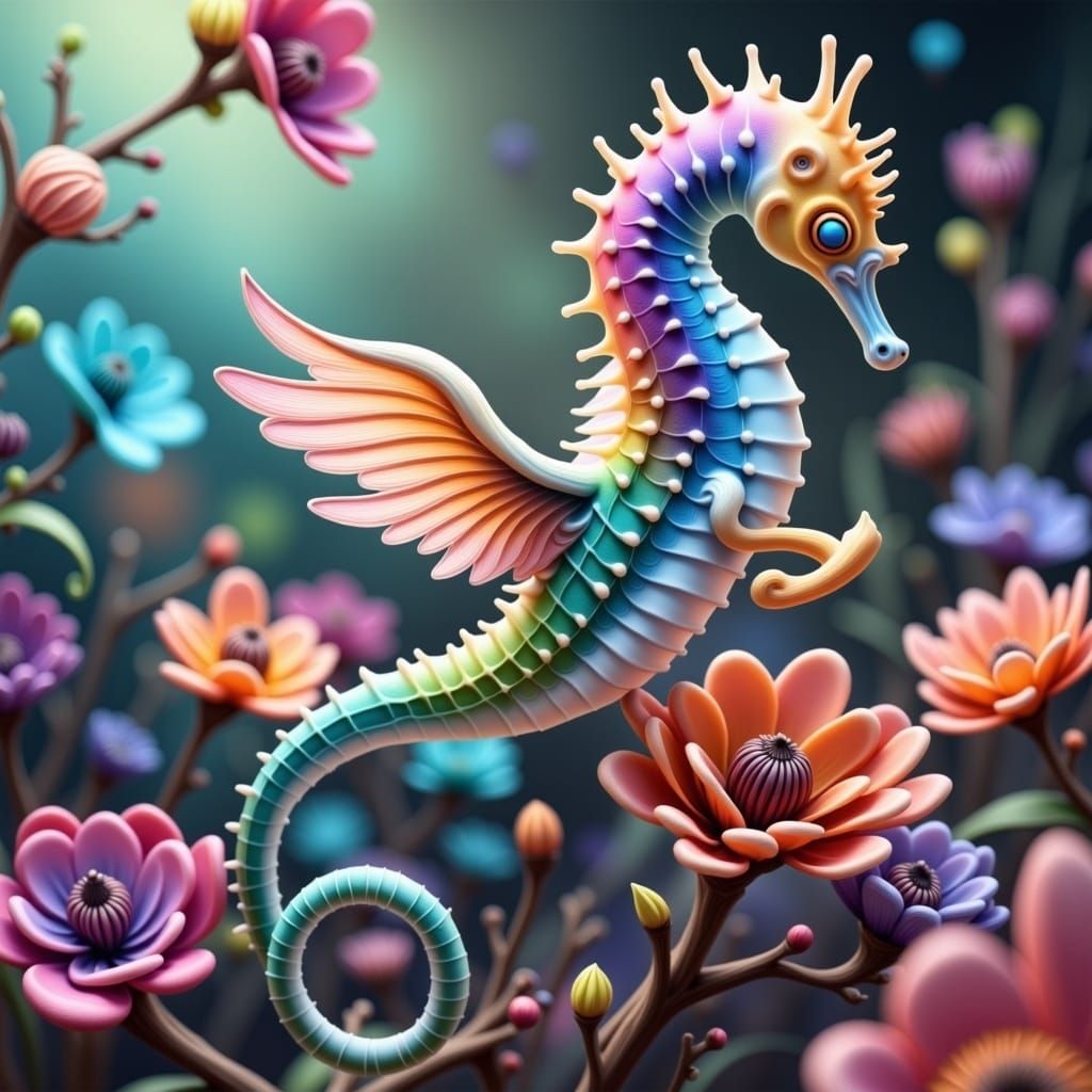 Whimsical Iridescent Seahorse in Vibrant Floral Wonderland