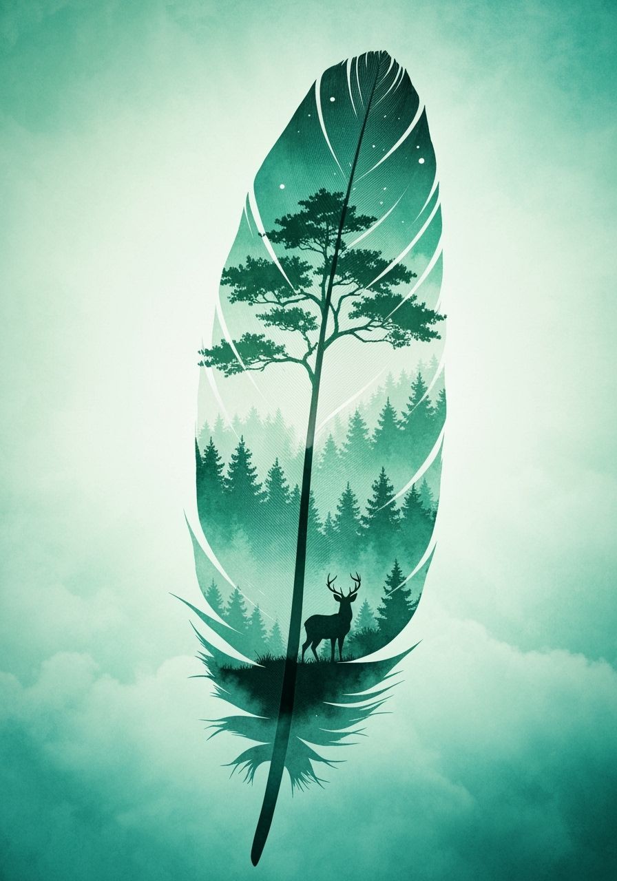Watercolor Feather with Foggy Forest Landscape