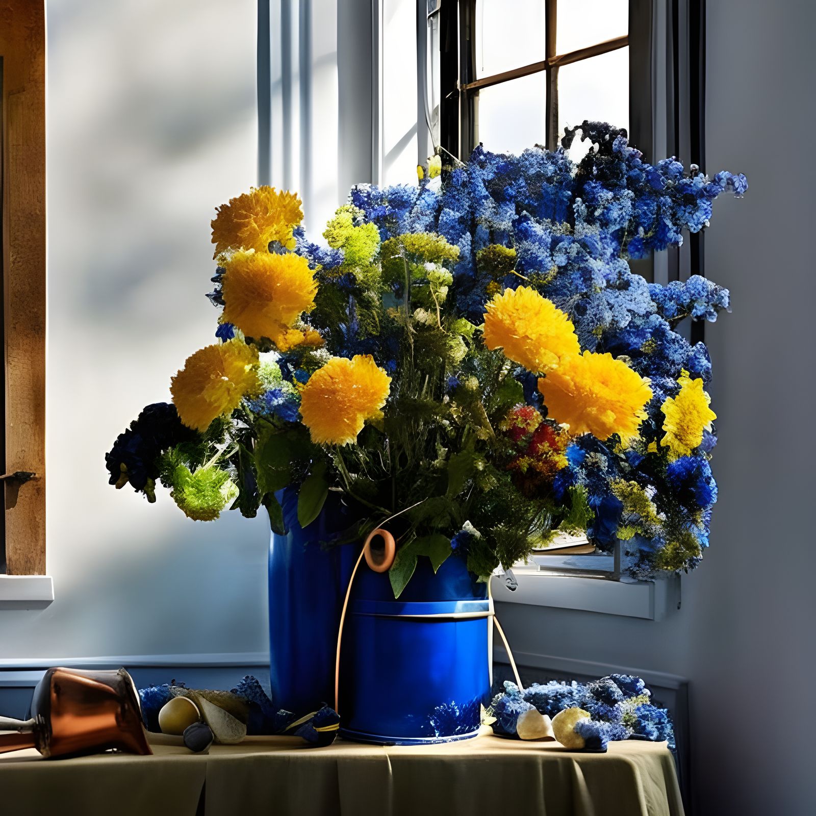 Hyperrealist Flowers on Butcher Table, Pollock and Vermeer S...