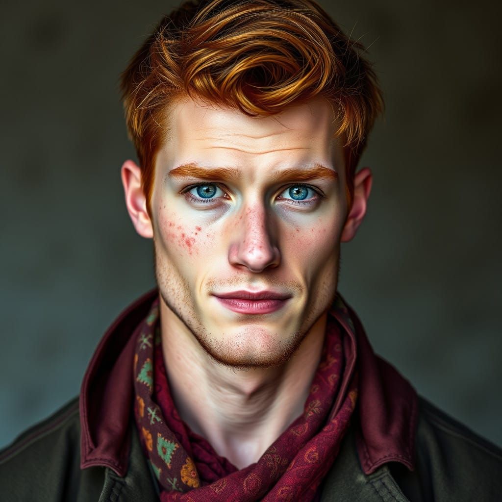 Chiseled Redhead Man in Vibrant, Hyperrealistic Attire