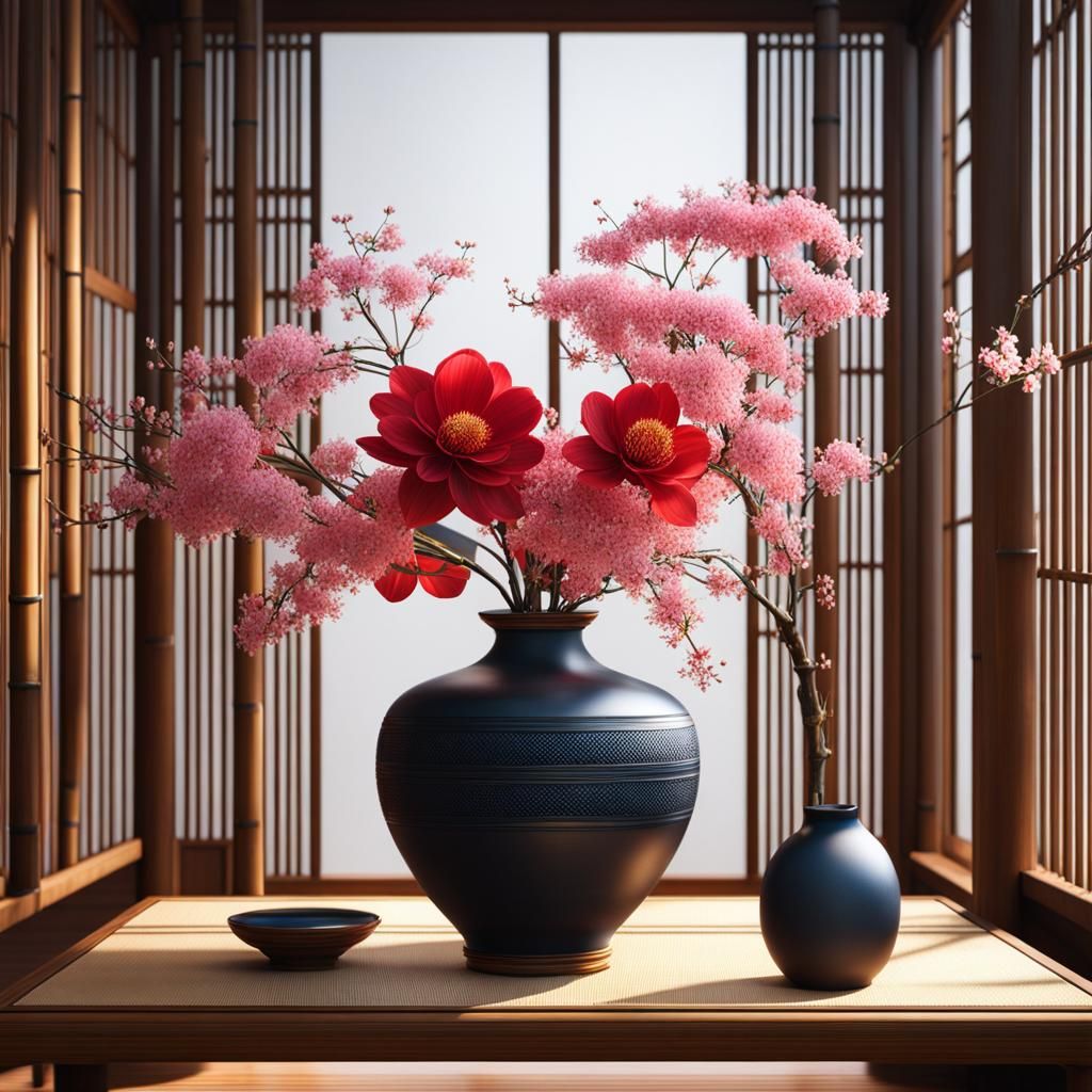 Ikebana Still Life: Matte Painting in Japanese Style