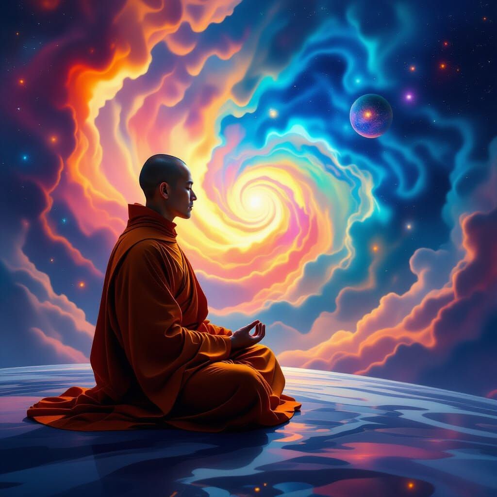 Monk Meditates in Cosmic Void Surrealist Digital Painting
