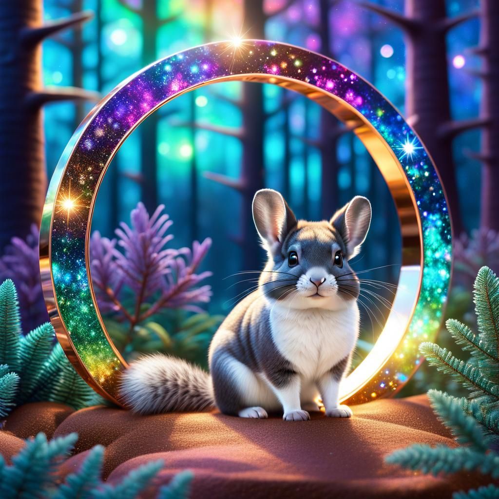 Cute Chinchilla in Iridescent Ring, Photorealistic 3D Art