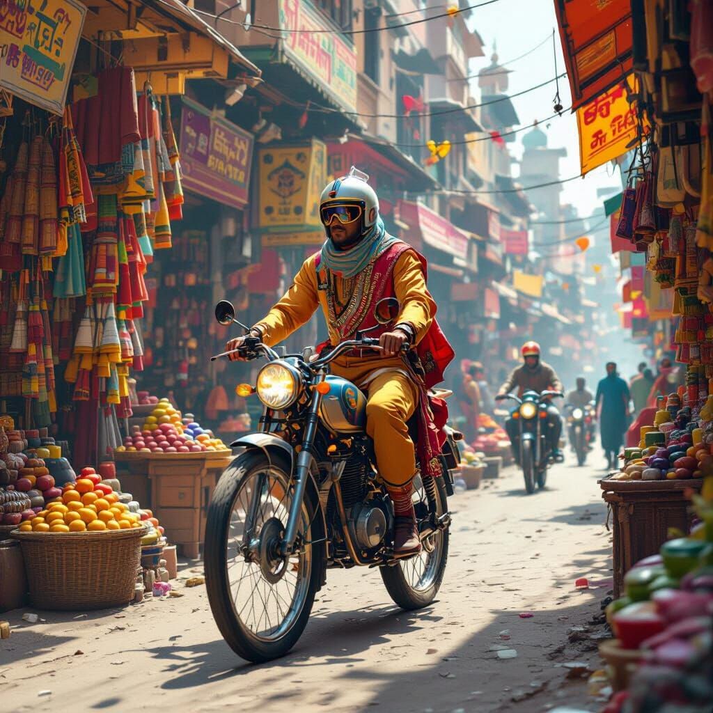Cyclist in Indian Clothing in Retro-Futuristic Market