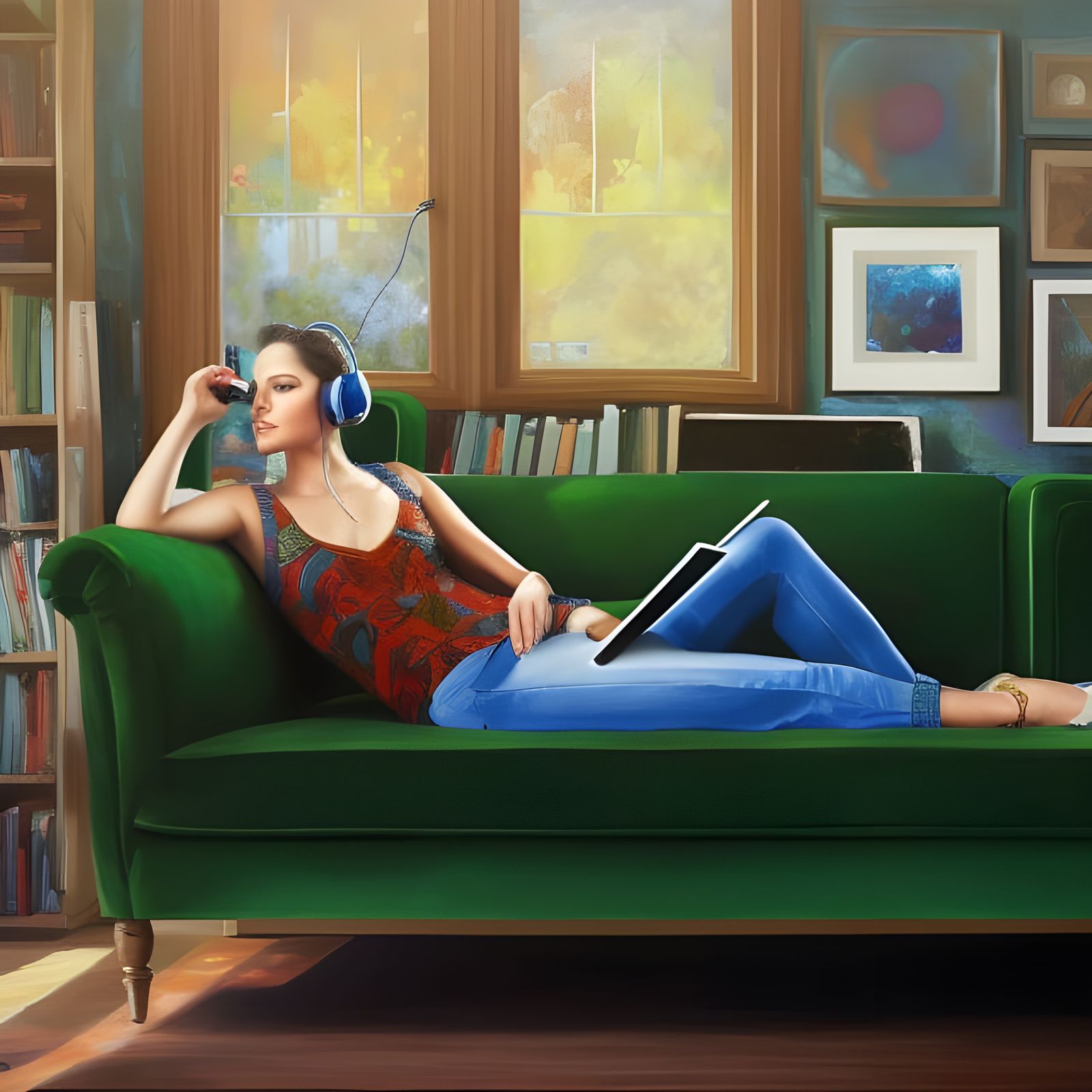 Relaxing Music Listener in Digital Art Style
