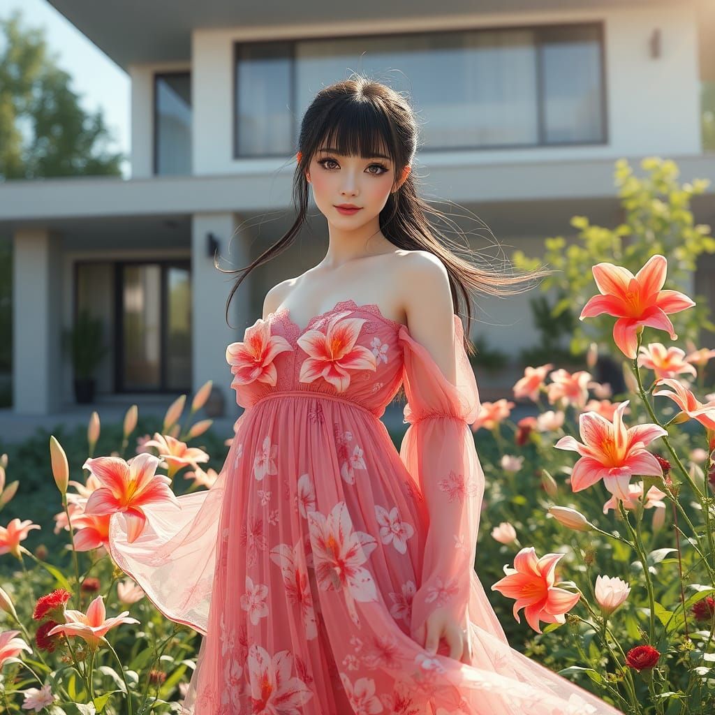 Beautiful Woman in Garden, Anime-Inspired Art