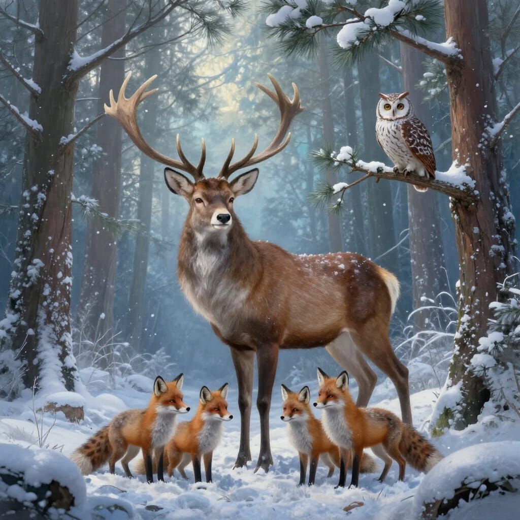 Enchanted Winter Forest with Stag, Foxes, and Owl
