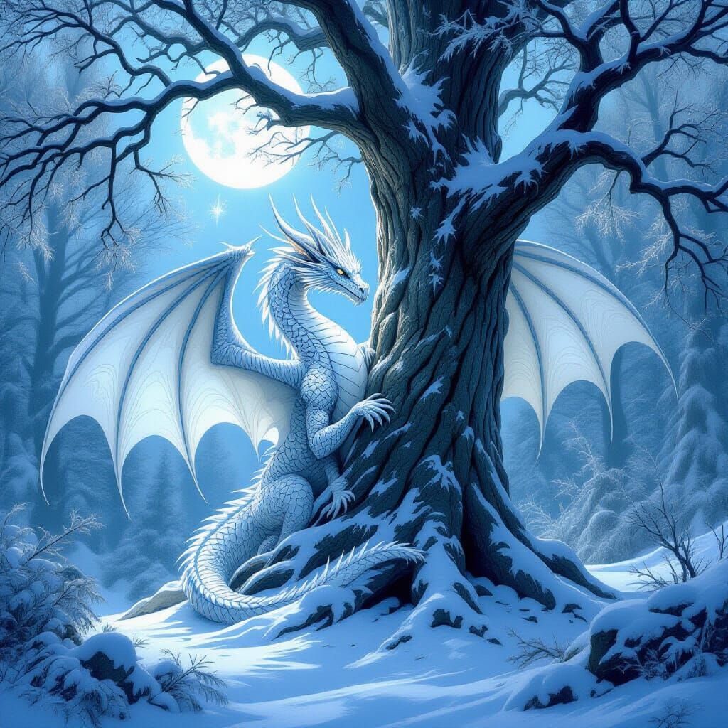 Majestic Ice Dragon in Moonlit Forest, Fantasy Style