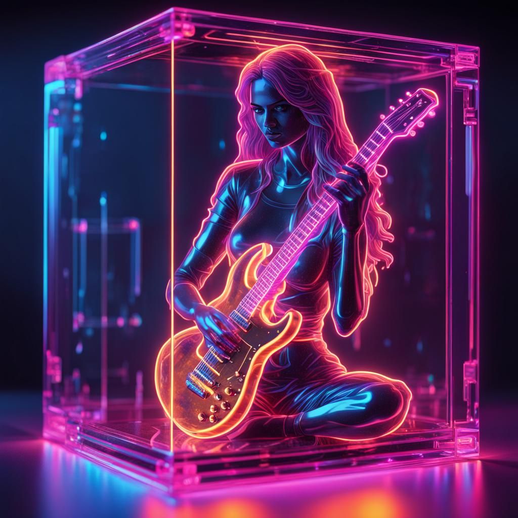 Neon Guitarist Hologram in Crystal Cube