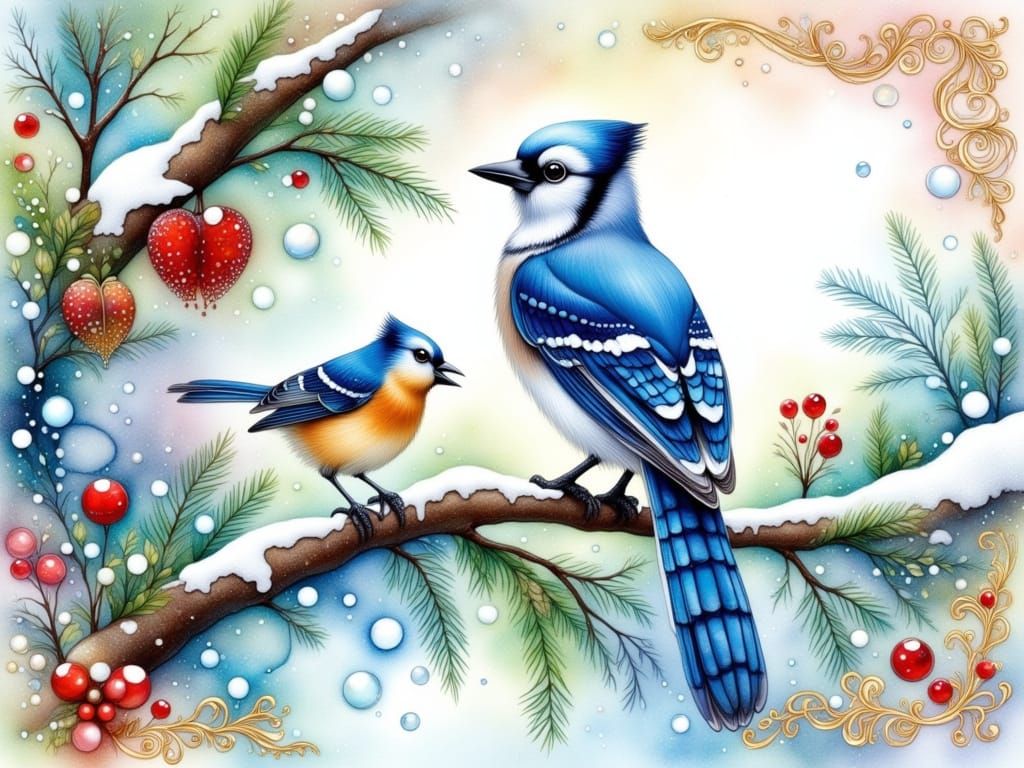 Blue Jay Winter Scene in Alcohol Ink Style