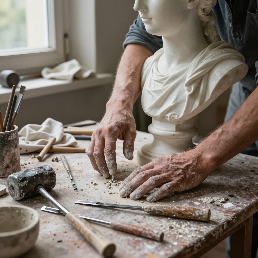A weathered sculptor's hands, stained with clay and flecked with marble dust, gently rest beside a half-finished bust on...