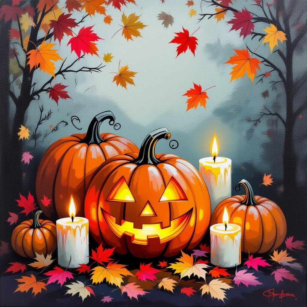 Autumn Scene with Pumpkins in a Mixed Media Style