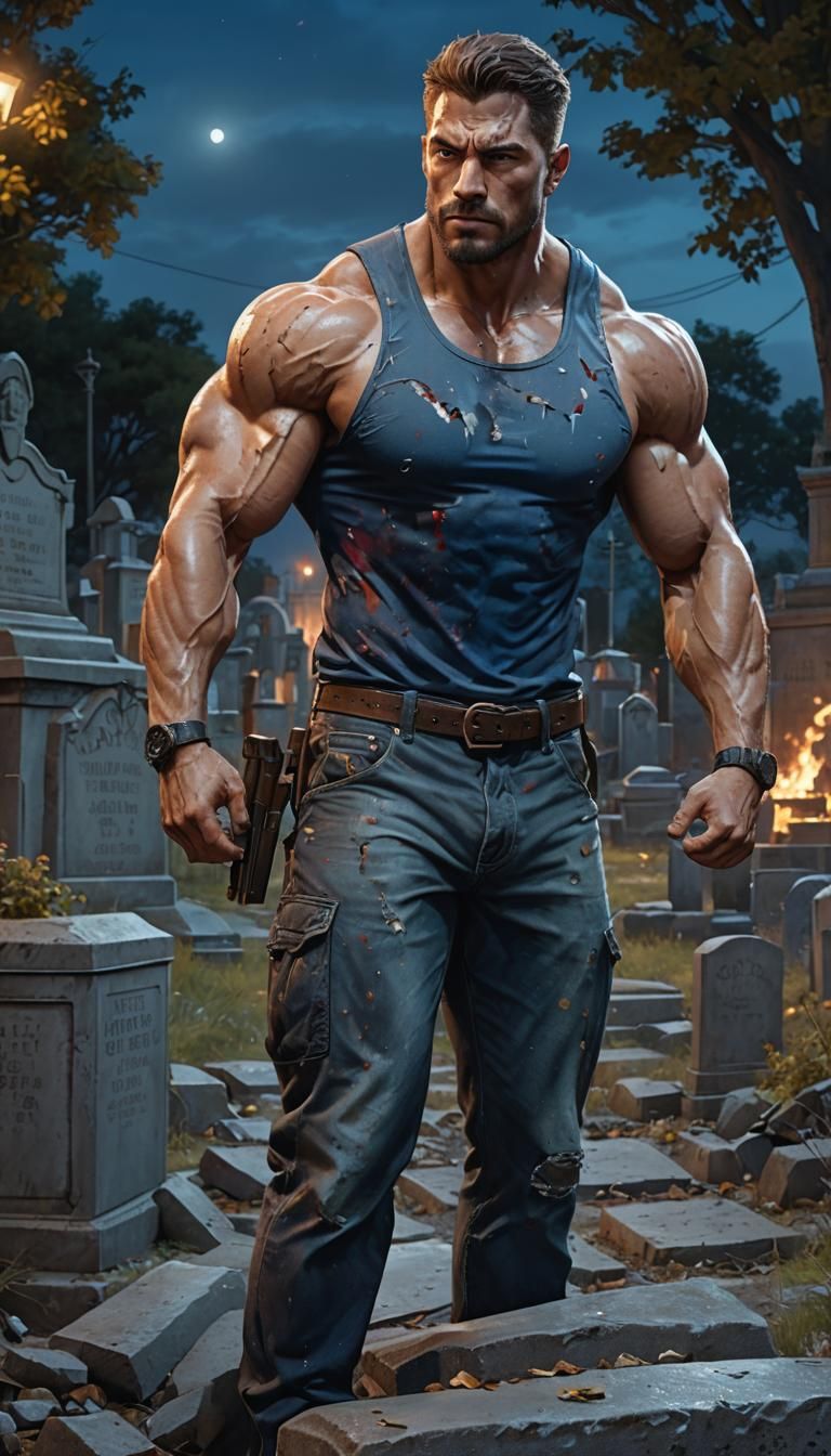 Muscular Man in Graveyard at Night: Realistic Concept Art