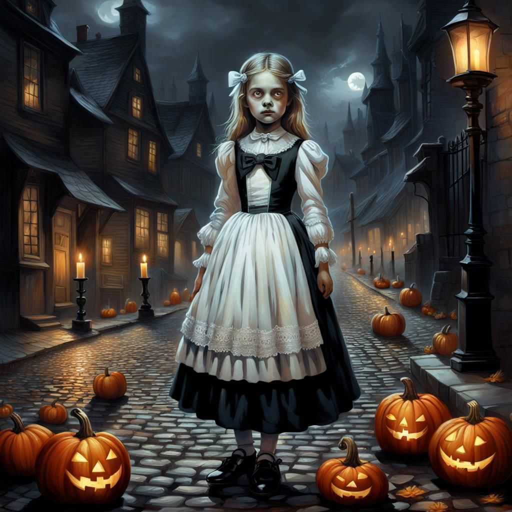 Ghostly Girl with Candle on Cobblestone Street