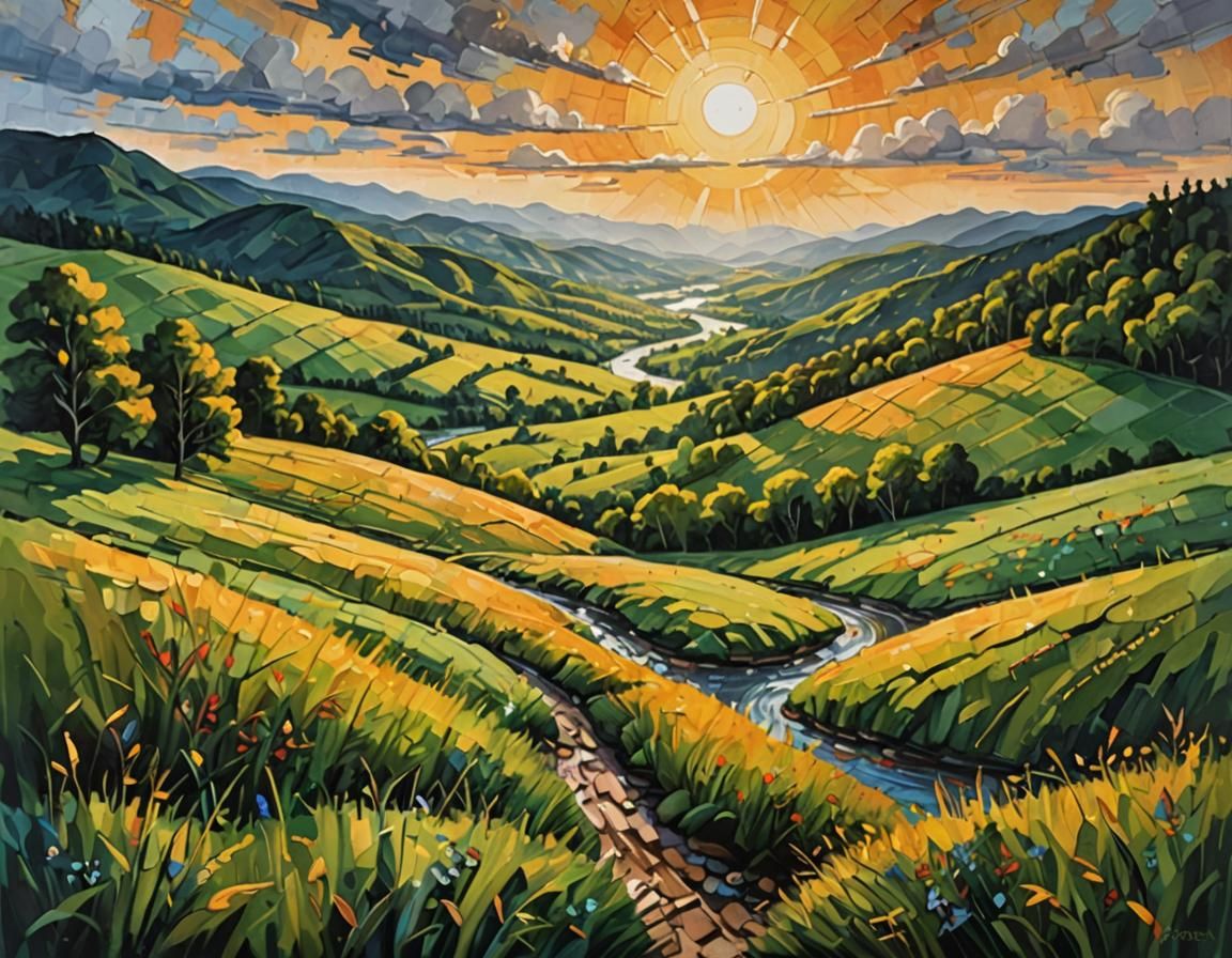 Sunny Countryside Acrylic Painting with Expressionist Brushs...