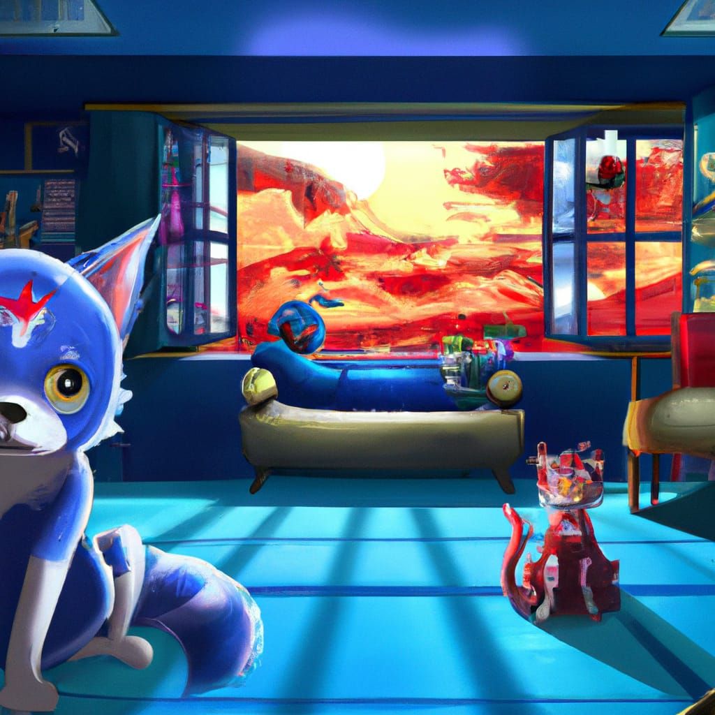 Blue Cat in Blue Room: Anime Style Digital Art