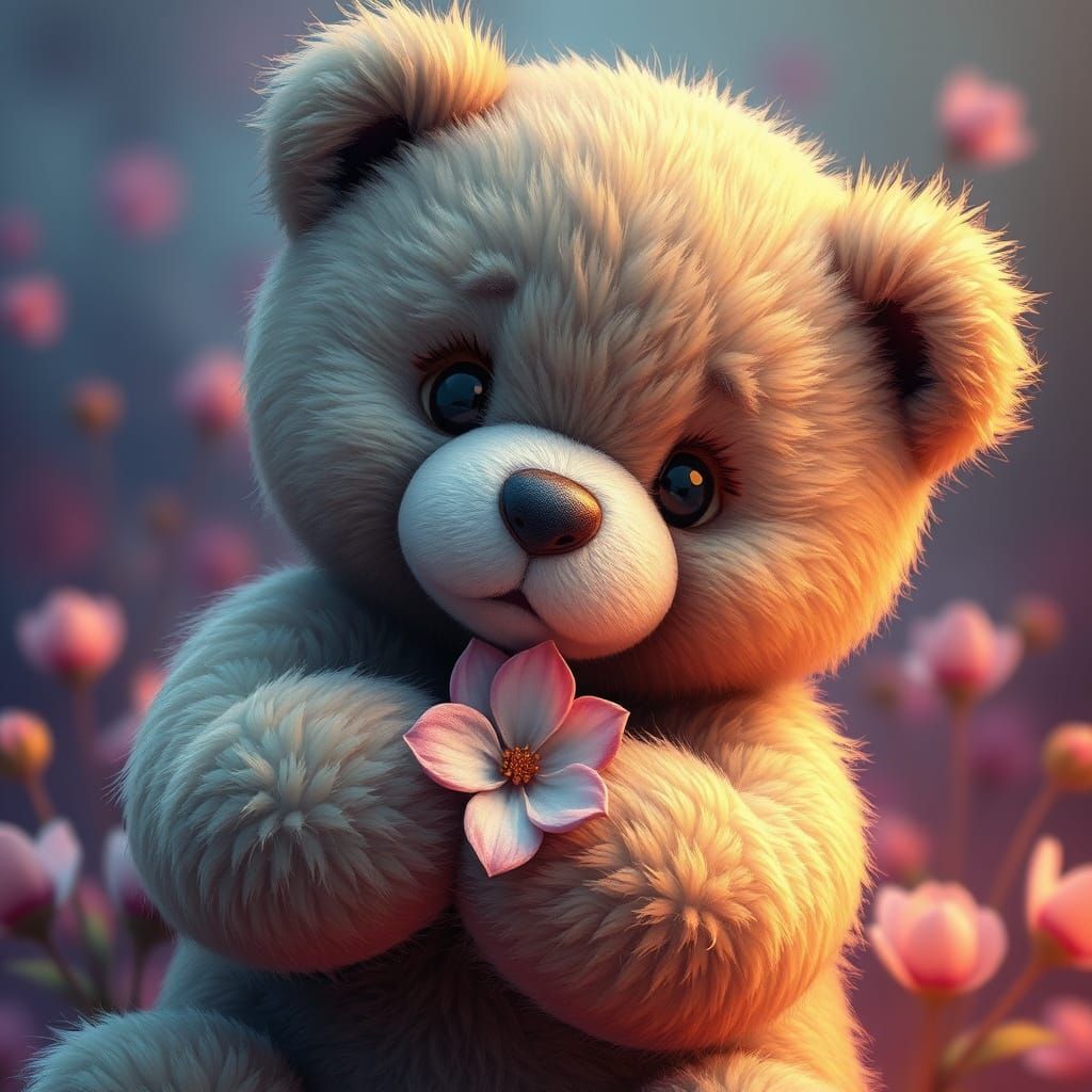 Whimsical Teddy Bear Holding Enchanted Flower in Dreamlike L...