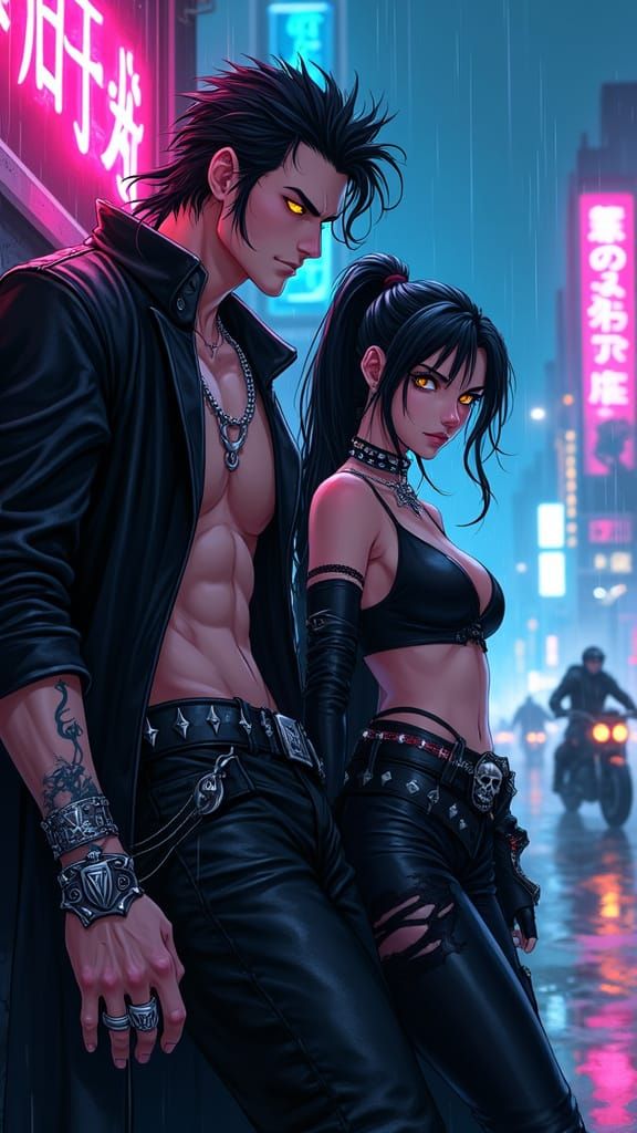 Cyberpunk Dark Fantasy Warrior in Neon Cityscape