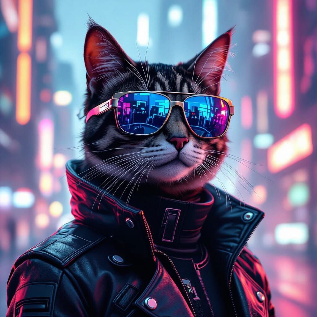 Cool Cat in Futuristic Cityscape, Sci-Fi Style