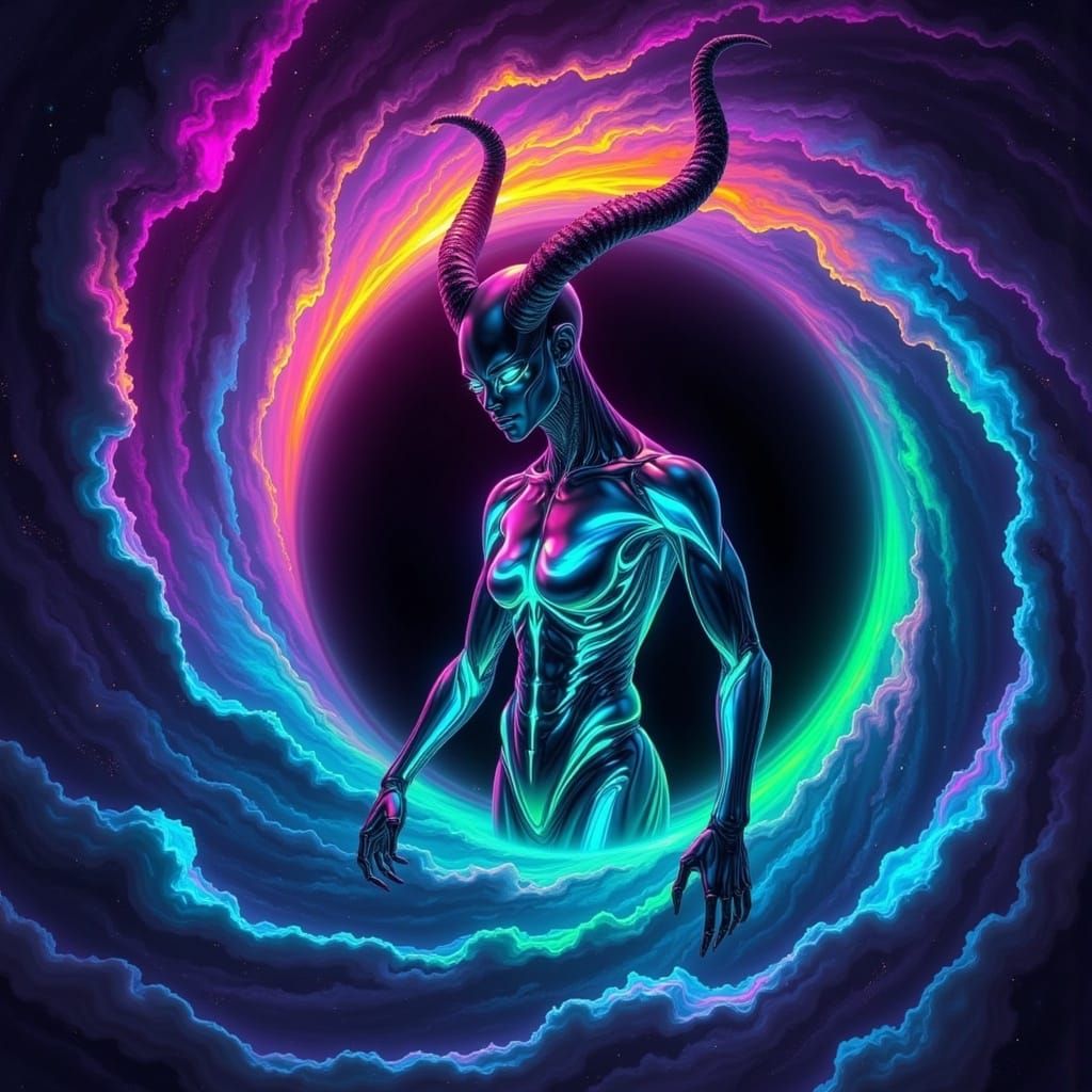 Neon Horned Entity Emerges from Black Hole