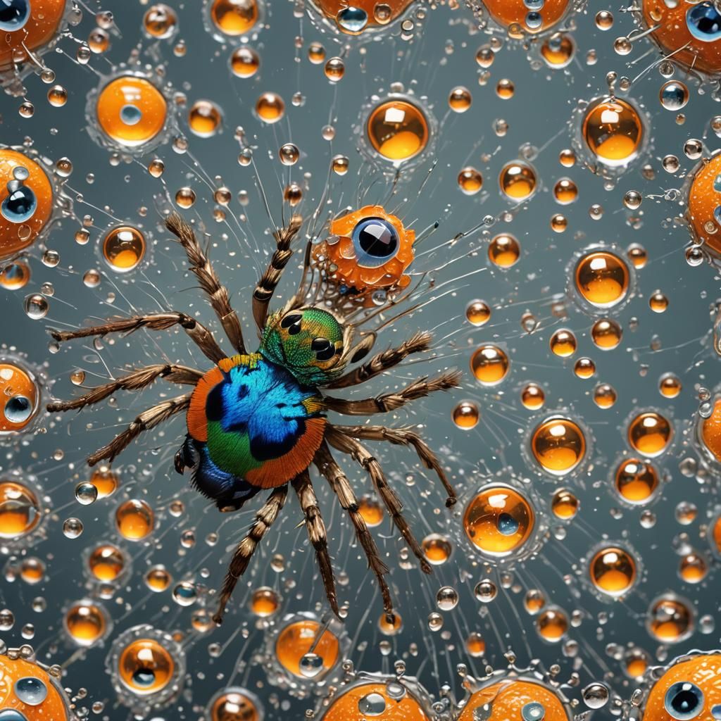 Photorealistic Peacock Spider with Crystal Oranges