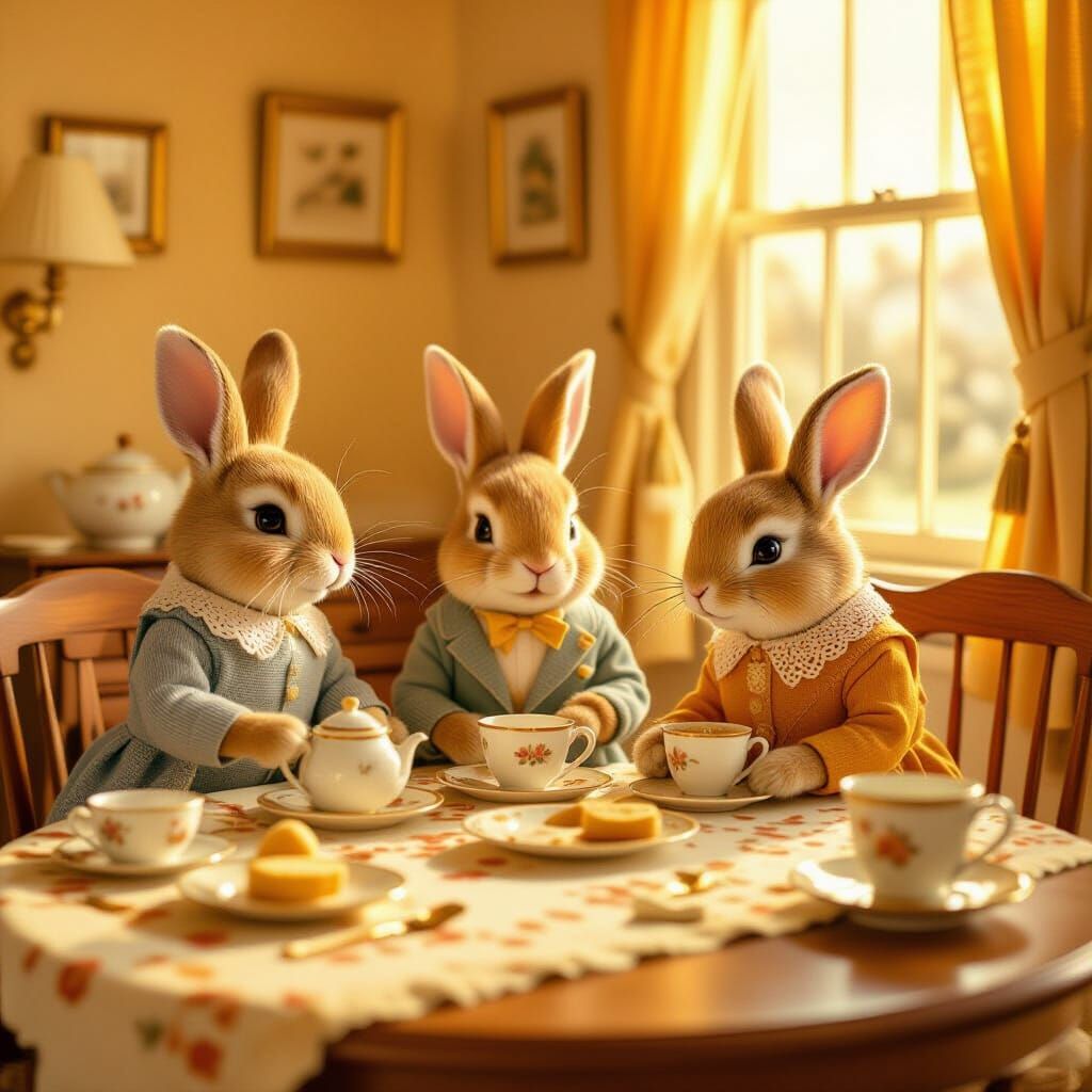 Whimsical Bunnies Enjoying Tea in Golden Hour Light