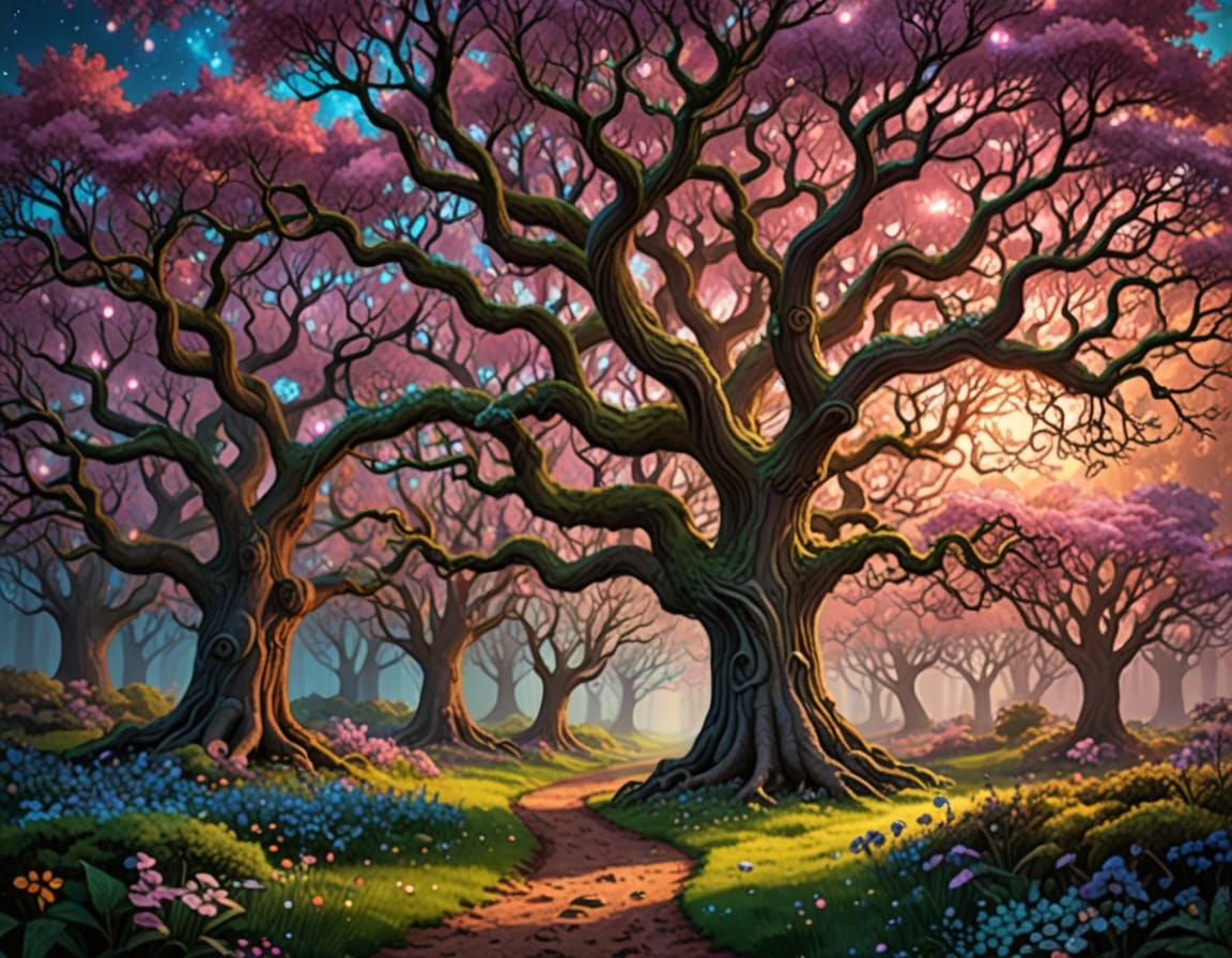 Whimsical Woodland Scene with Enchanted Trees