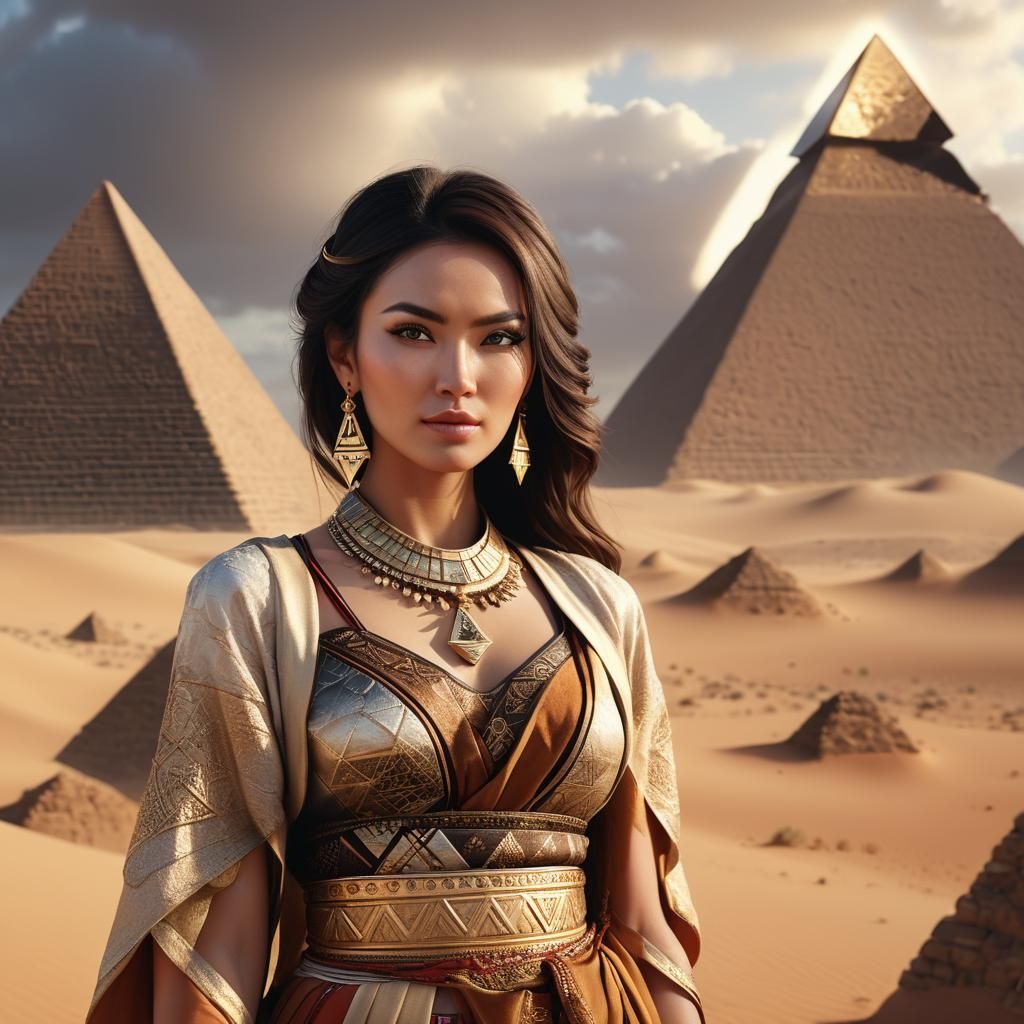 Oriental Woman in Desert, Hyper-Realistic 3D Portrait