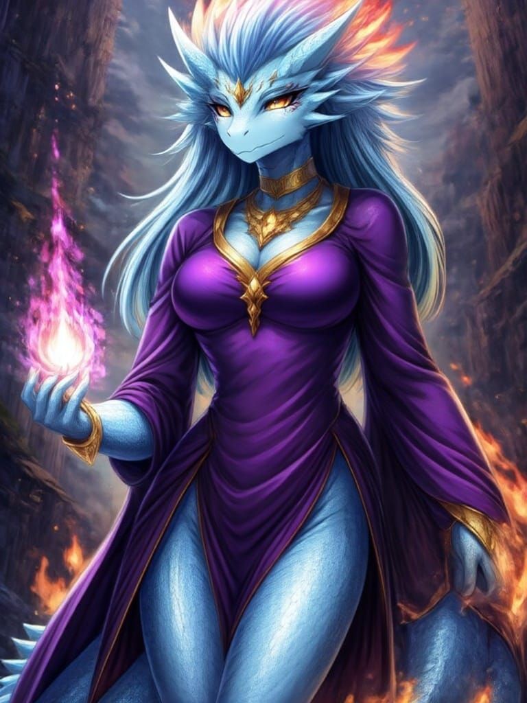 Epic Dragonborn Sorceress in Vibrant, Flat Cel-Shaded Art