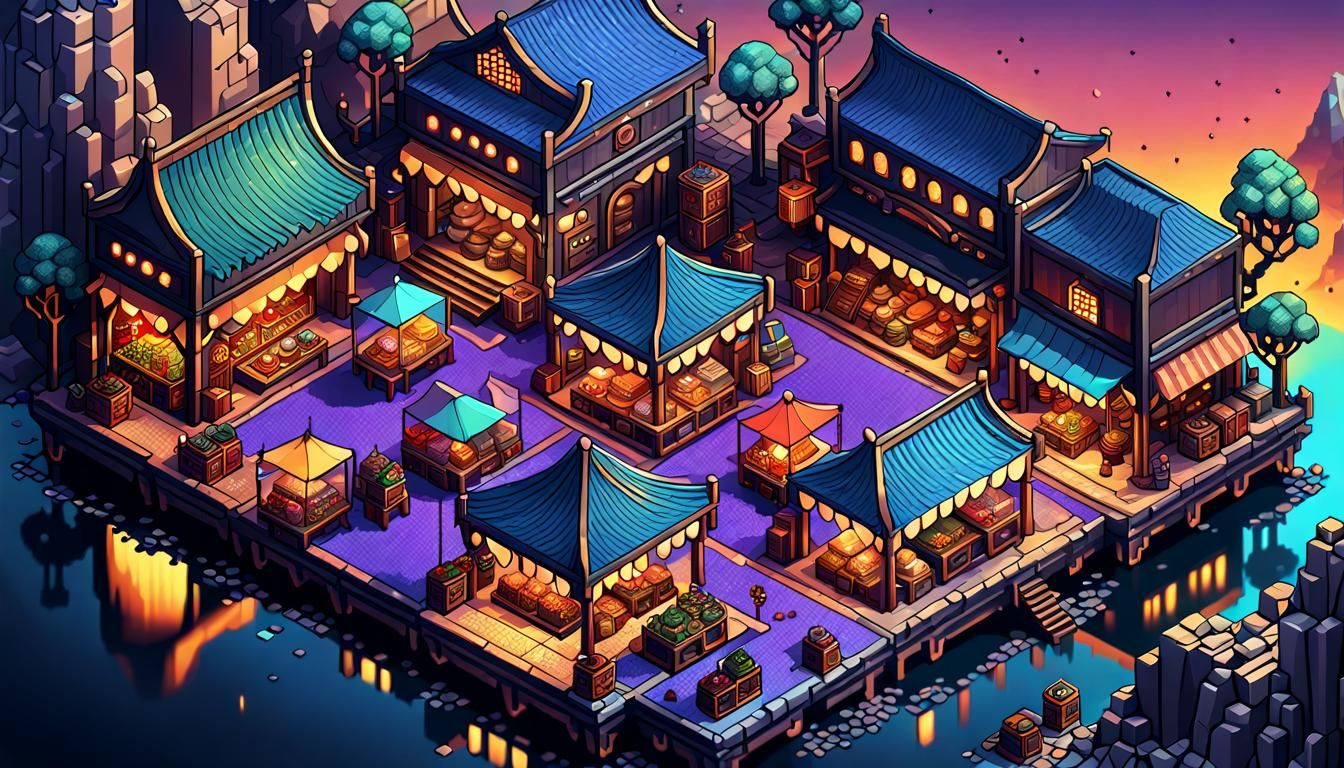 Isometric Pixel Art Bazaar at Sunset in Cypherpunk Style