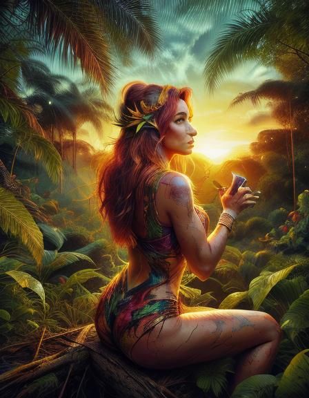 Sunset Jungle Woman in Alcohol Ink Style