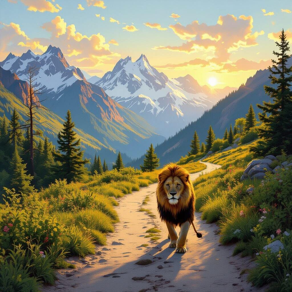 Majestic Lion on Sunrise Mountain Path