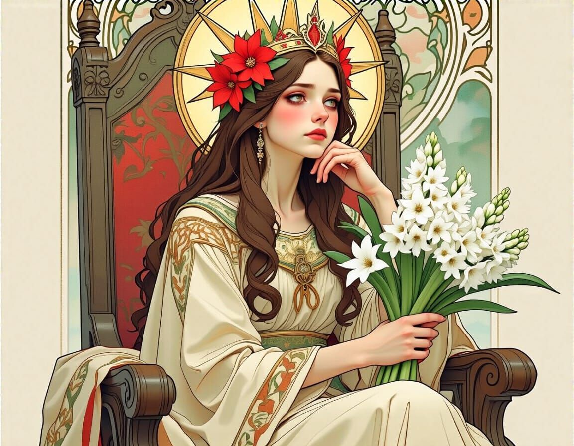 Regal Woman with Flowers, in Art Nouveau Style
