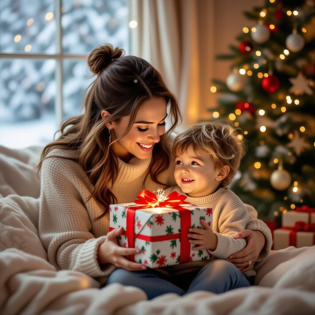 Mother Gives Christmas Gift to Son in Cozy Living Room