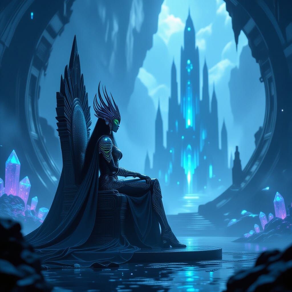 Alien Queen in Bio-Luminescent Armor Surveys Crystalline Kin...