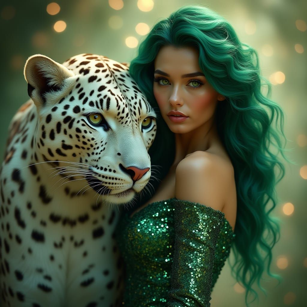 Ethereal Beauty in Emerald Green with Majestic White Leopard