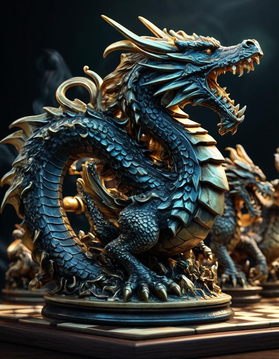 Mythical Creatures Battle on Chessboard with Dynamic Lightin...