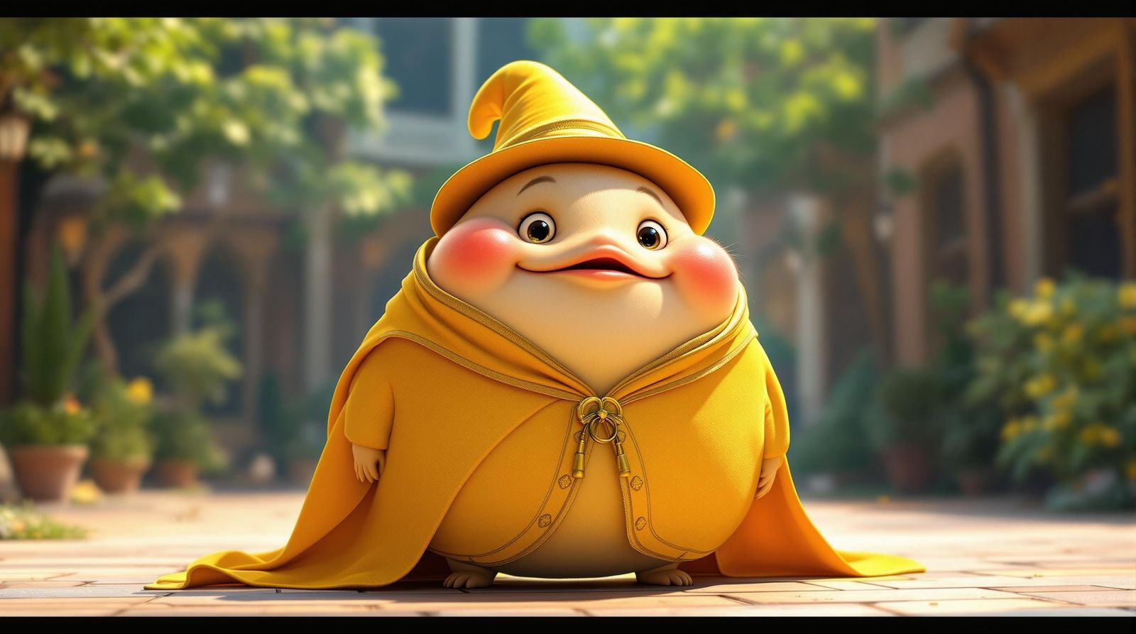 Magical Pufferfish Portrait in Yellow Robes at Hogwarts